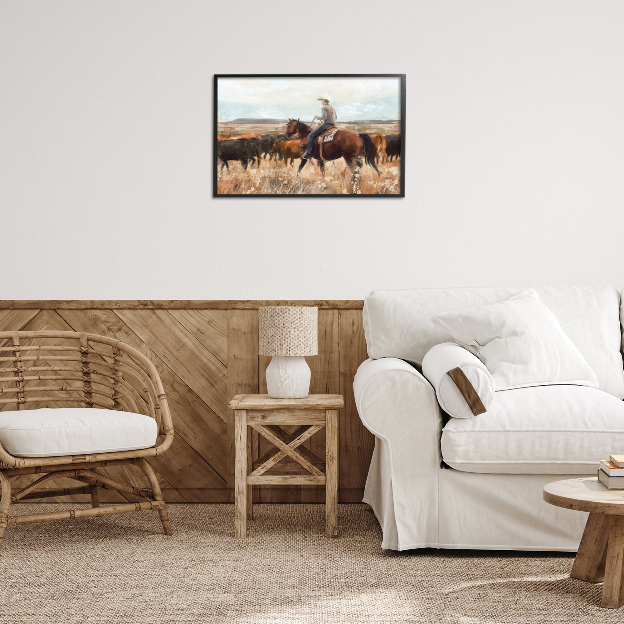 Stupell Industries Cowboy Rounding Cattle Landscape Painting Black Framed Art Print Wall Art, 24 x 16