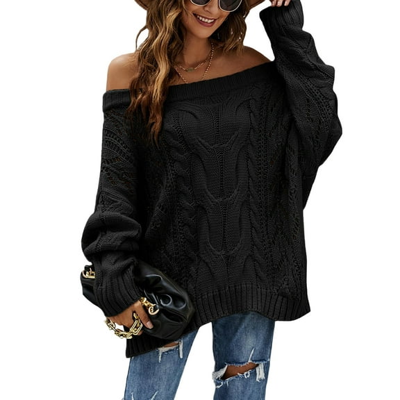 Women Off Shoulder Sweater Long Sleeve Knit Sweater Loose Pullover Jumper Tops Black S