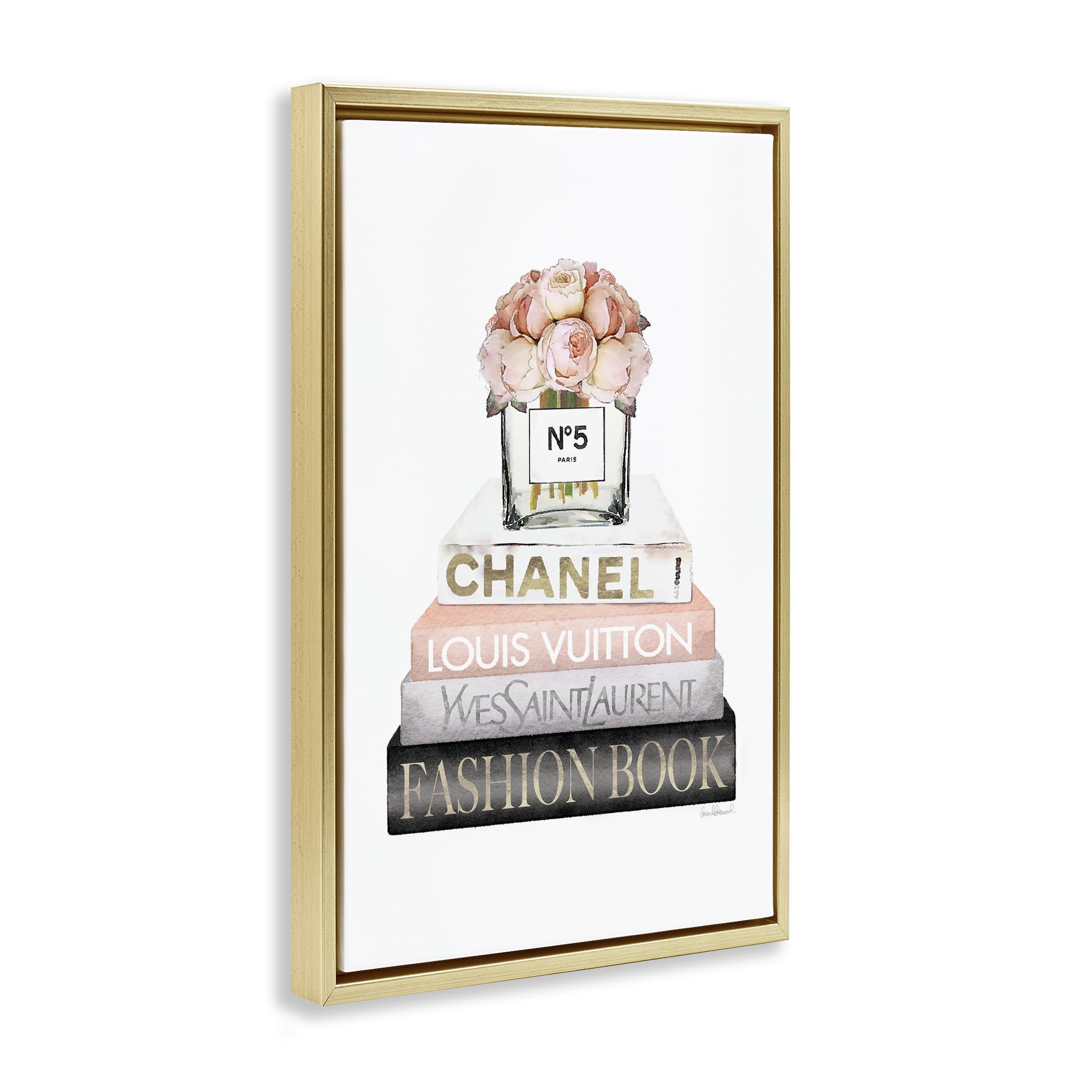 Stupell Industries Fashion Bookstack Peonies Botanical & Floral Painting Gold Floater Framed Art Print Wall Art, 21 x 31