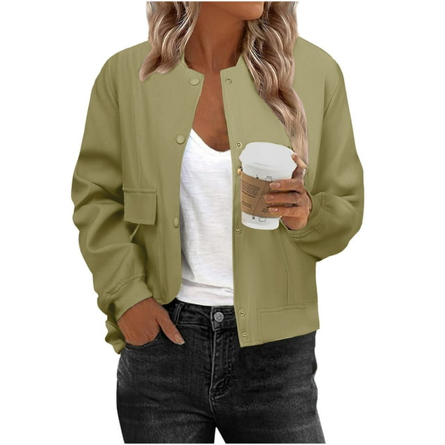 Pincandy Blouson Bomber Décontracté pour Femmes, Veste Universitaire à Boutons avec Poches