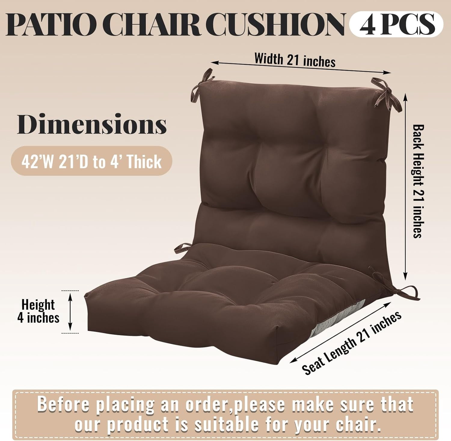 4 Pcs Outdoor Indoor High Back Chair Cushions Patio Furniture Tufted Pillow with Ties Water-Resistant Replacement Outdoor Rocking Chair Cushions, 42 x 21 Inches (Brown,Solid Color)