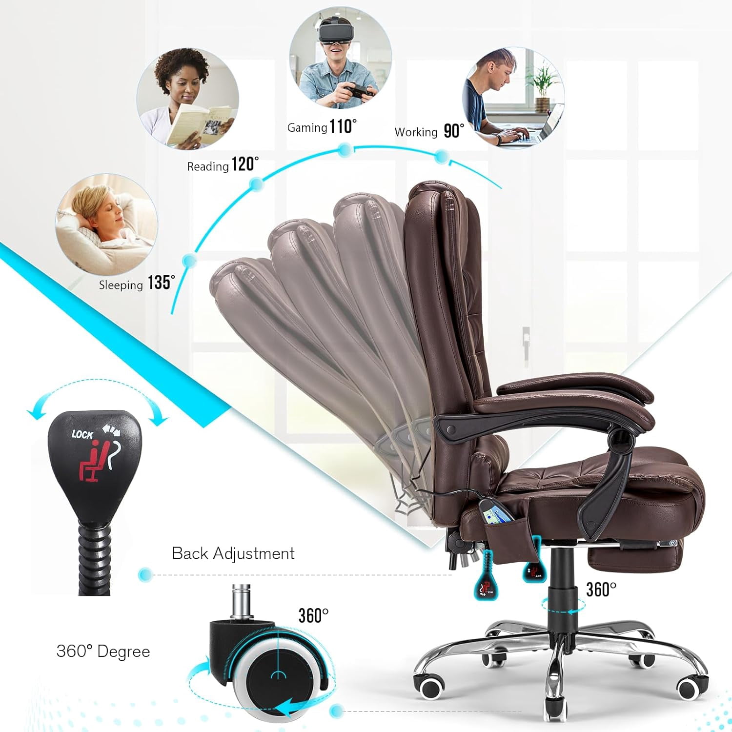 YODOLLA Faux Leather Back Massager and Heated Seat Office Desk Chair, Brown