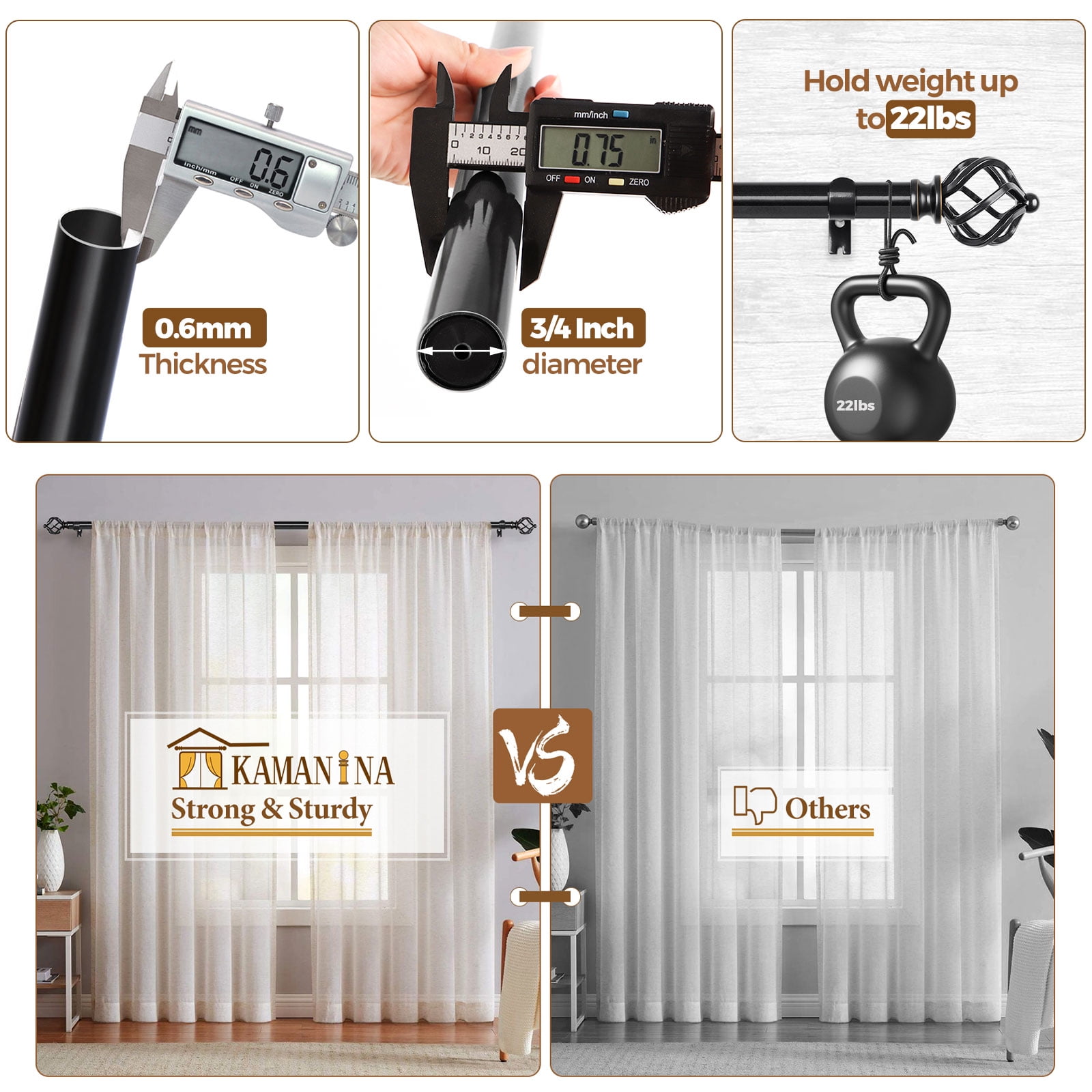 KAMANINA 3/4" Adjustable Single Curtain Rod with Twist Cage Finial, 28 - 48", Black