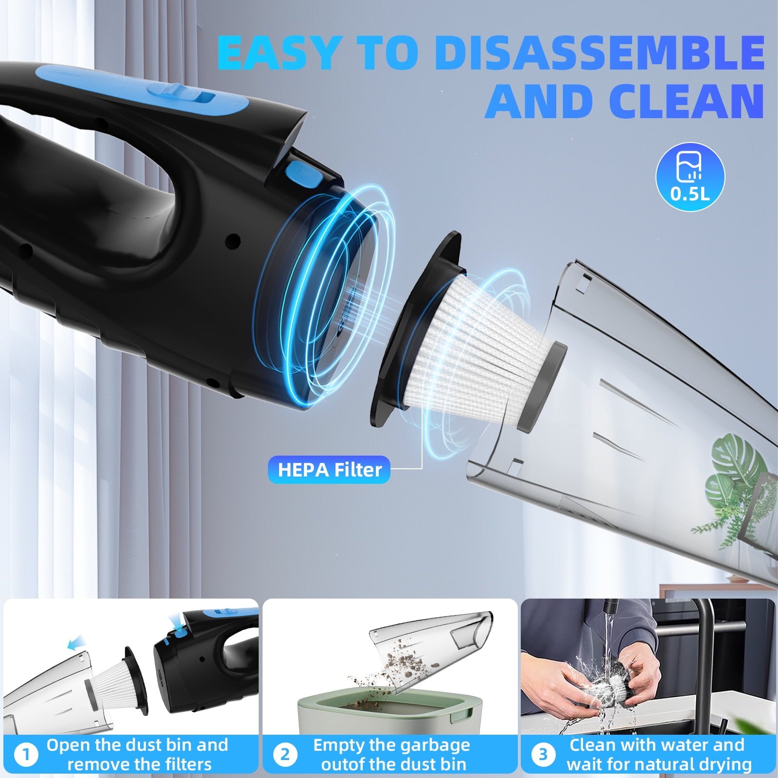 ATUPEN Car Vacuum Cleaner, 9000PA Suction Car Dusters LED Light Home Office Sofa Pet Hair Car Accessories