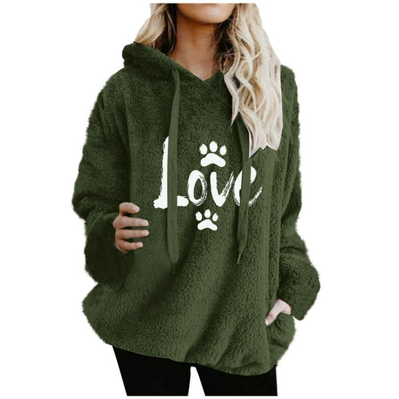 Womens Winter Hoodie Warm Fleece Sherpa Pullover Hood Dog Paw Heart Top Casual 2025 Thicken Outfits Soft Long Sleeve Homewear