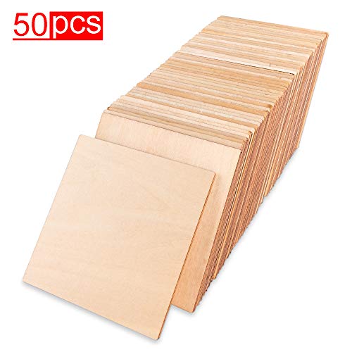 50 Pack Unfinished Wood Square Blank Pieces Natural Wooden Slices for