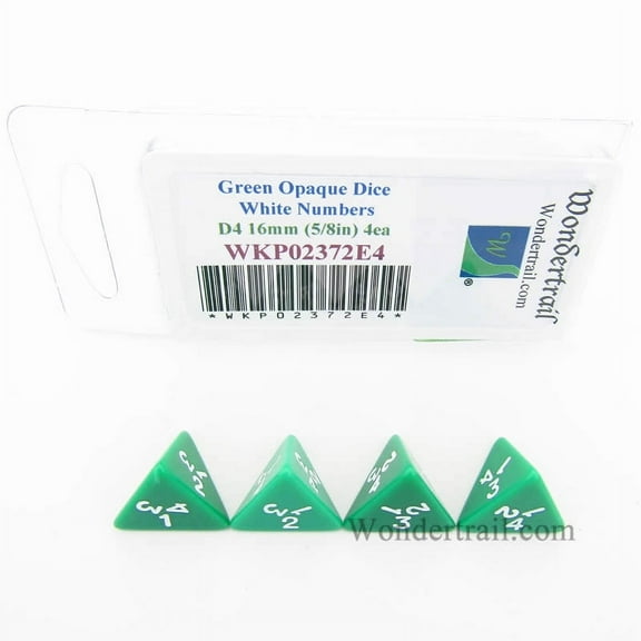 Green Opaque Dice with White Numbers D4 16mm (5/8in) Pack of 4 Wondertrail