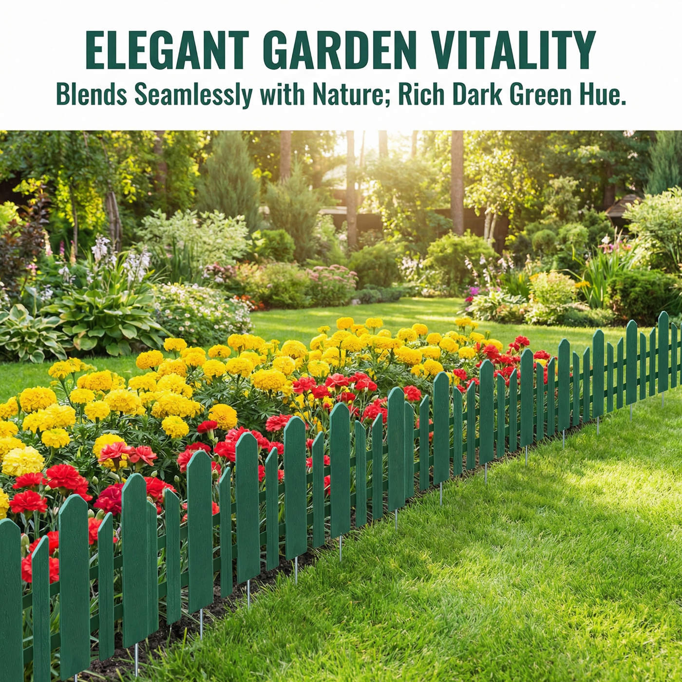 Bibana Garden Edging 12 Pack No Dig Border – Rust & Corrosion Resistant Recycled Plastic Flexible Fence for Lawn, Yard & Flower Beds, Dark Green