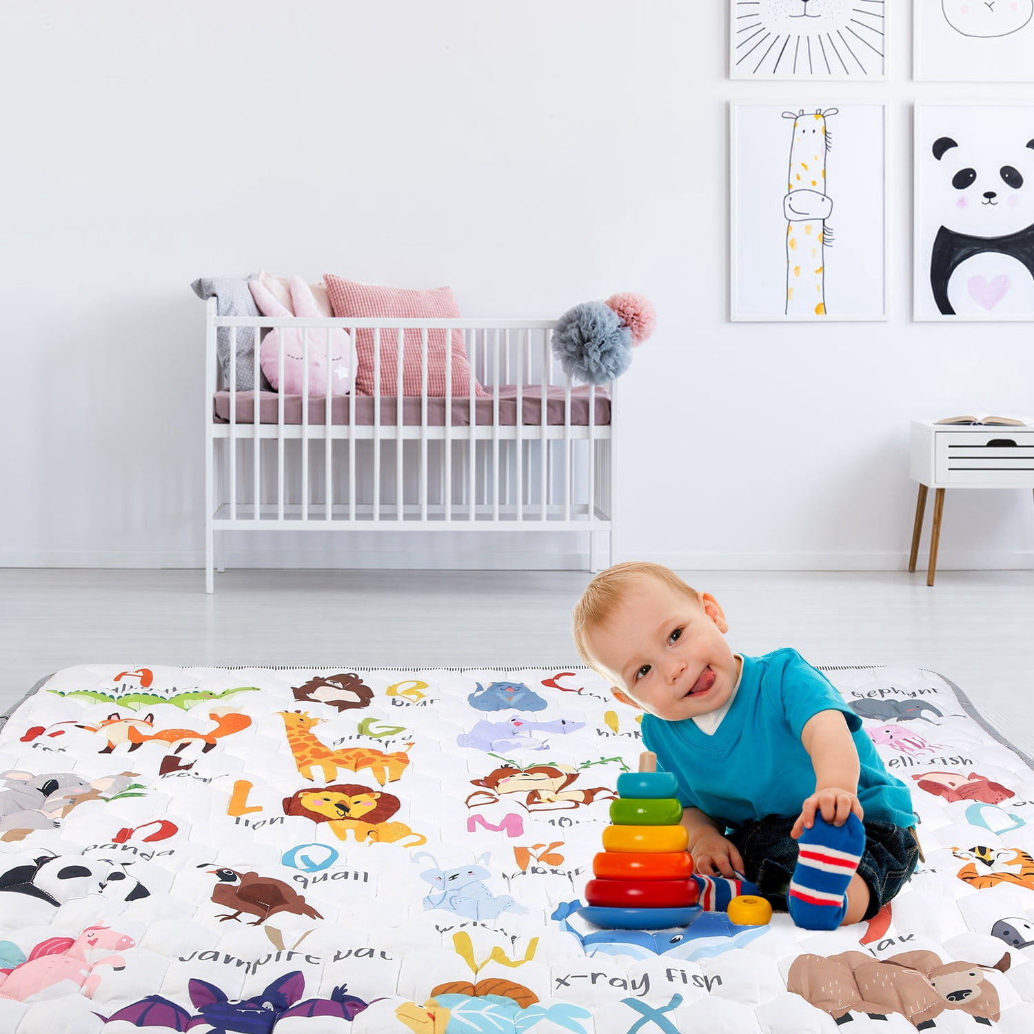 Non-Slip Baby Play Mat TeqHome 50x50" Foldable Playpen Mat Machine Washable Baby Crawling Mat for Babies Toddler Play Tummy Time (S, Animal)