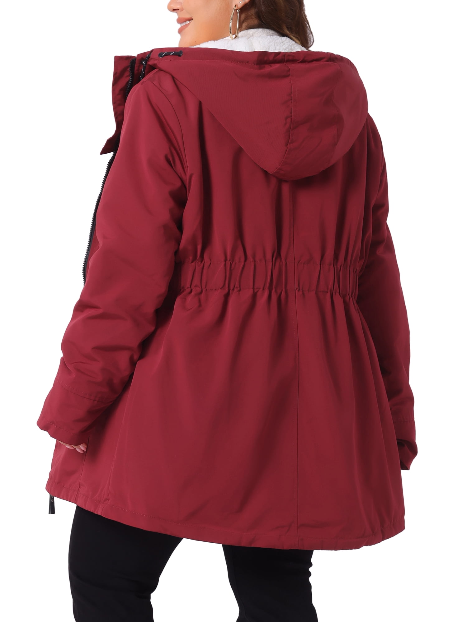 DARING DIVA Women's Plus Size Faux Lamb Fur Leather Button Down Hoodie Coat 1X Burgundy