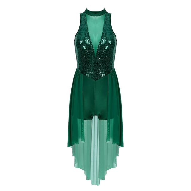 Eandarui Robe de Danse Lyrique pour Femmes, Robe de Danse Contemporaine à Paillettes, Robe Moderne de Salle de Bal à Col Licou, Vert, TG