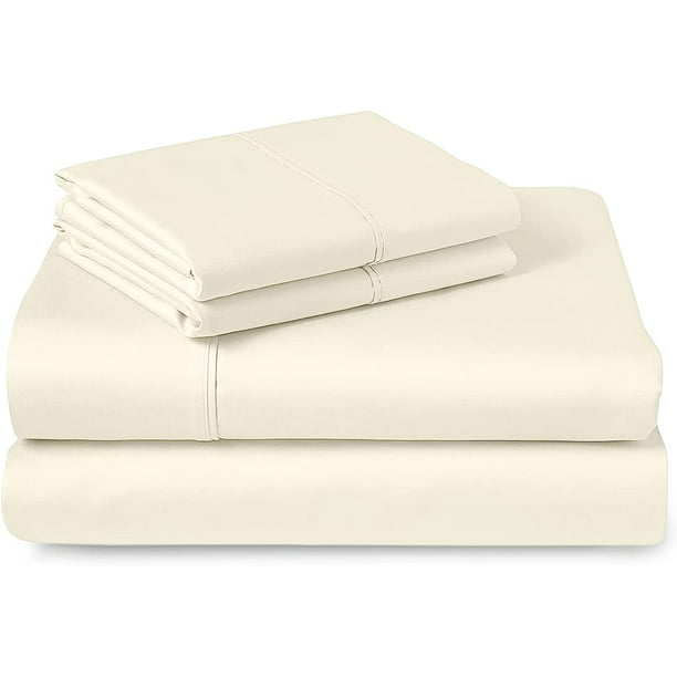 Pizuna 400 Thread Count Cotton Queen Size Ivory Sheets Set, 100% Long  Staple Cotton 4 PC Sheets, Sateen Cotton Bedding Set fit Upto 15” Deep  Pockets 
