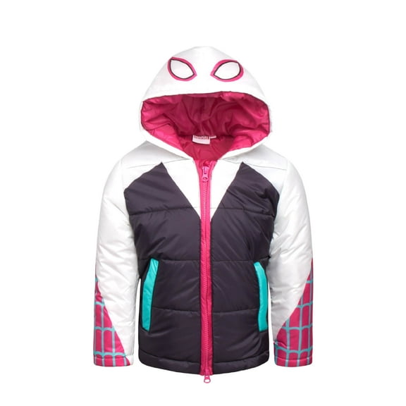 Marvel Girls Puffer Jacket - Spider Gwen Quilted Zip Up Insulated Hooded Winter Jackets for Girls