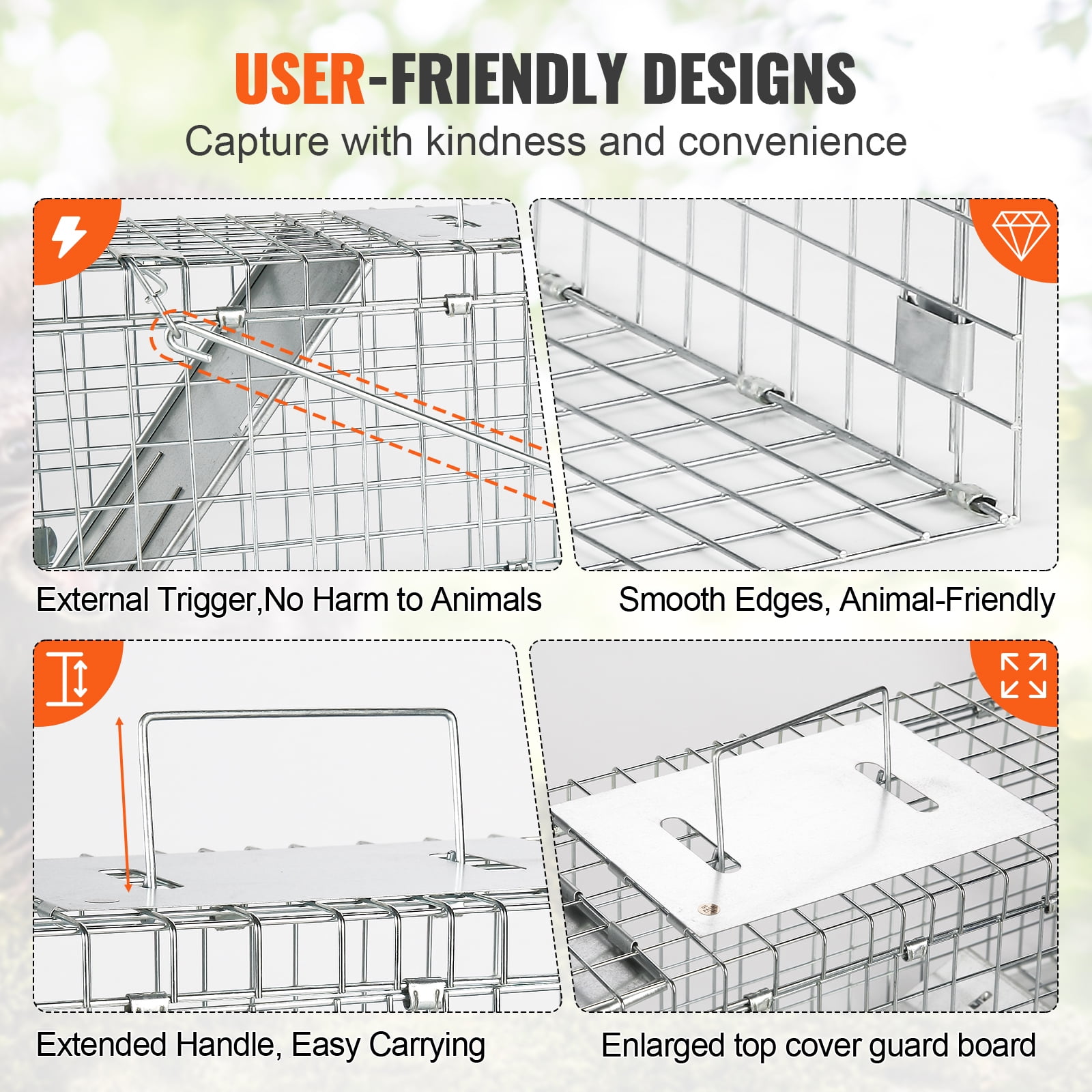 KFFKFF Live Capture Animal Trap 24"x8"x8", Durable Galvanized Iron Cage, Collapsible Design with Carrying Handle for Safe Transport of Rabbits, Feral Cats, Squirrels