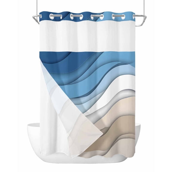 No Hook Shower Curtain with Snap-in Liner, Blue Brown Waterproof Fabric Bathroom Curtains, Gradient Geometric White Water Stripes Modern Bath Curtains & Mesh Top Window 72"x84" Long
