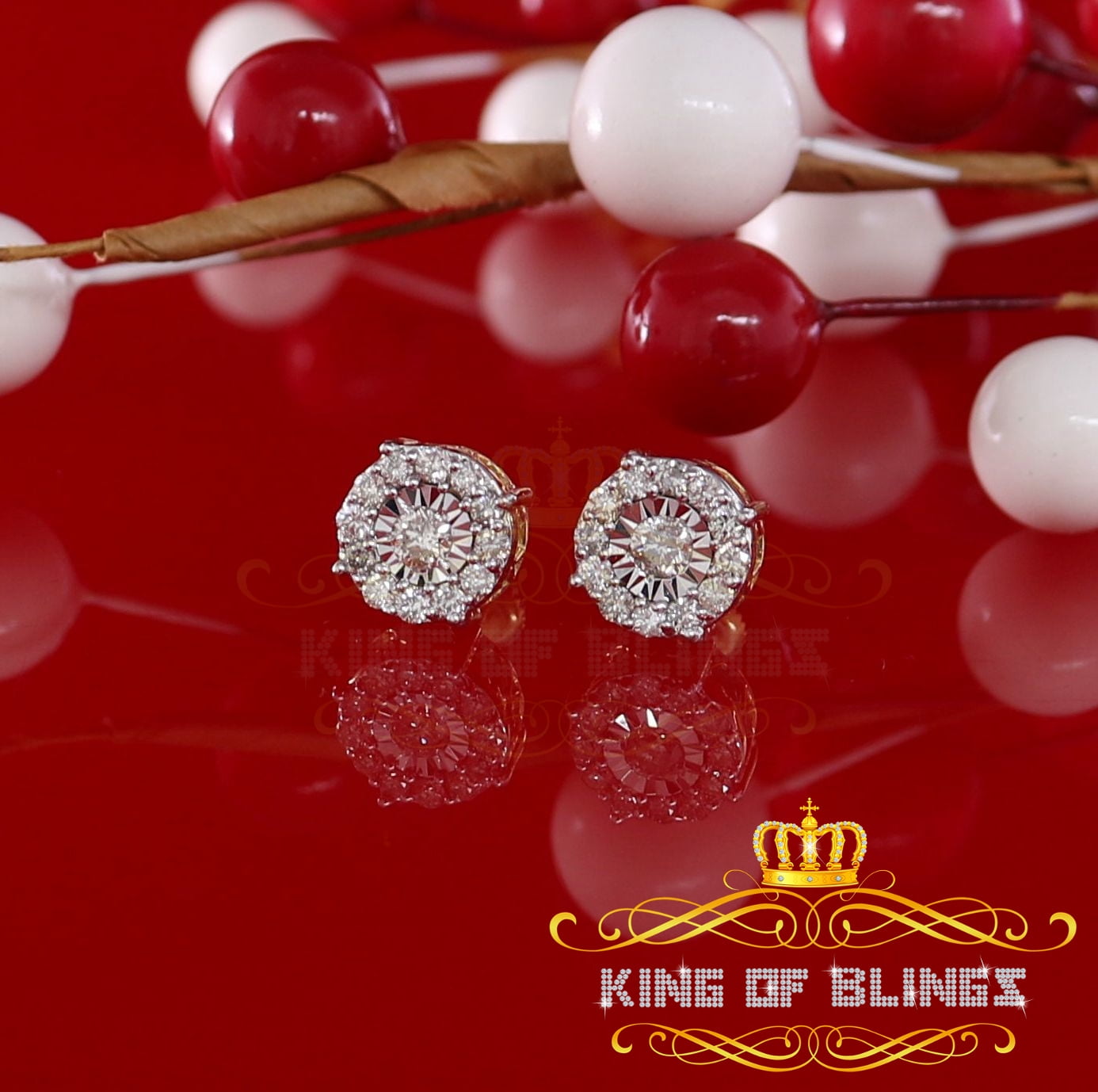 King of Bling's 10K Real Yellow Gold with 0.75CT Real Diamond Men's/Women's Stud Round Earrings
