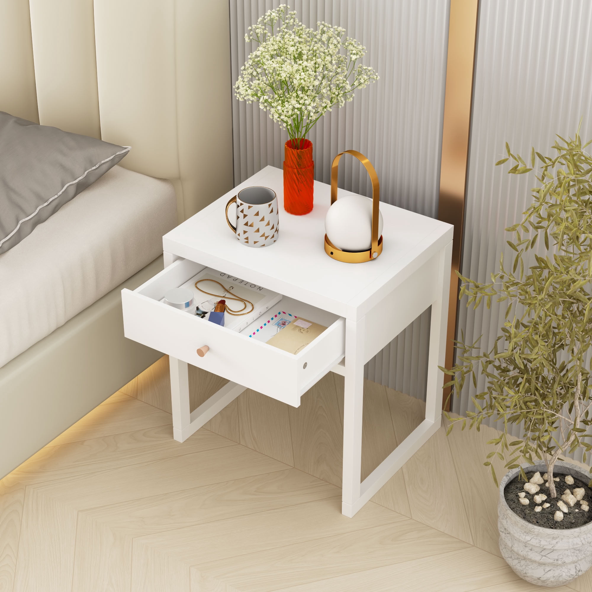MAYEERTY Modern Nightstand with Drawer, Compact Bedside End Table with Wood Knob & Open Frame Base, for Bedroom Apartment Living Room Small Spaces, White
