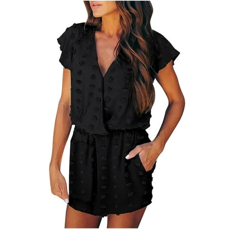 

REORIAFEE Dressy Romper for Women Fashion Summer Casual Sexy Short Sleeve Solid Color V-Neck Jumpsuits Black L
