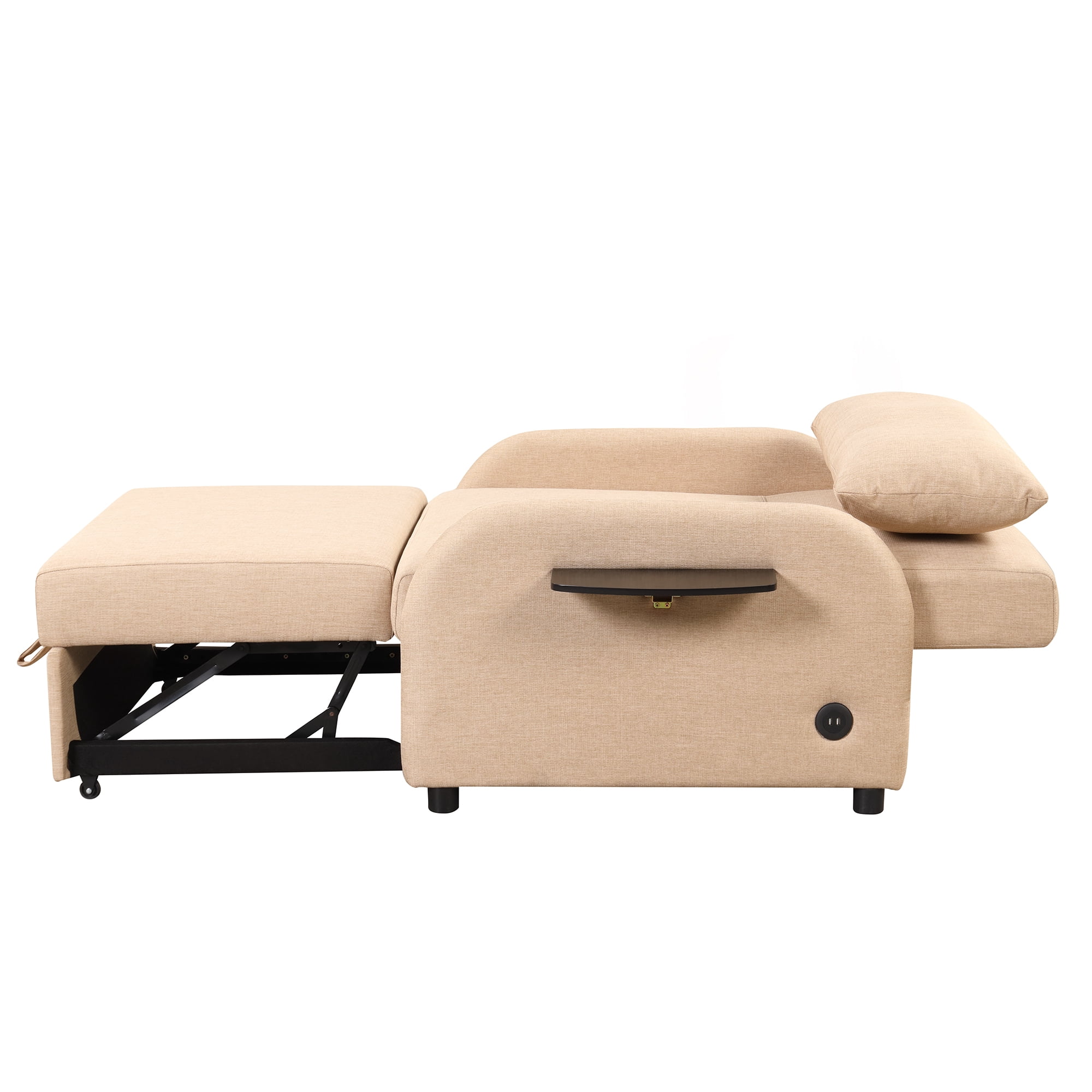 Pull Out Sofa Sleeper with Adjustable Backrest, 3 in 1 Multifunctional Sofa Bed with 2 Wing Table Side Pocket and USB Charge, Linen Fabric, for Living Room, Recreation Room, Beige