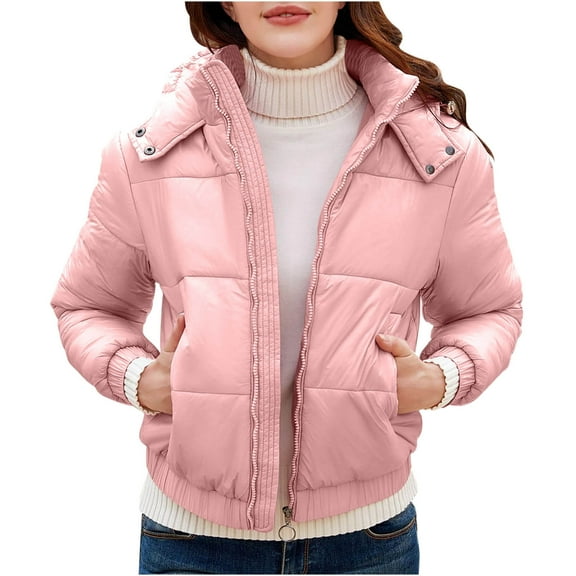 ZQUUVOU Women's Winter Quilted Jackets Winter Fashion Warm Hooded Puffer Jacket with Pcket Jacket Long Sleeved Coat Pink