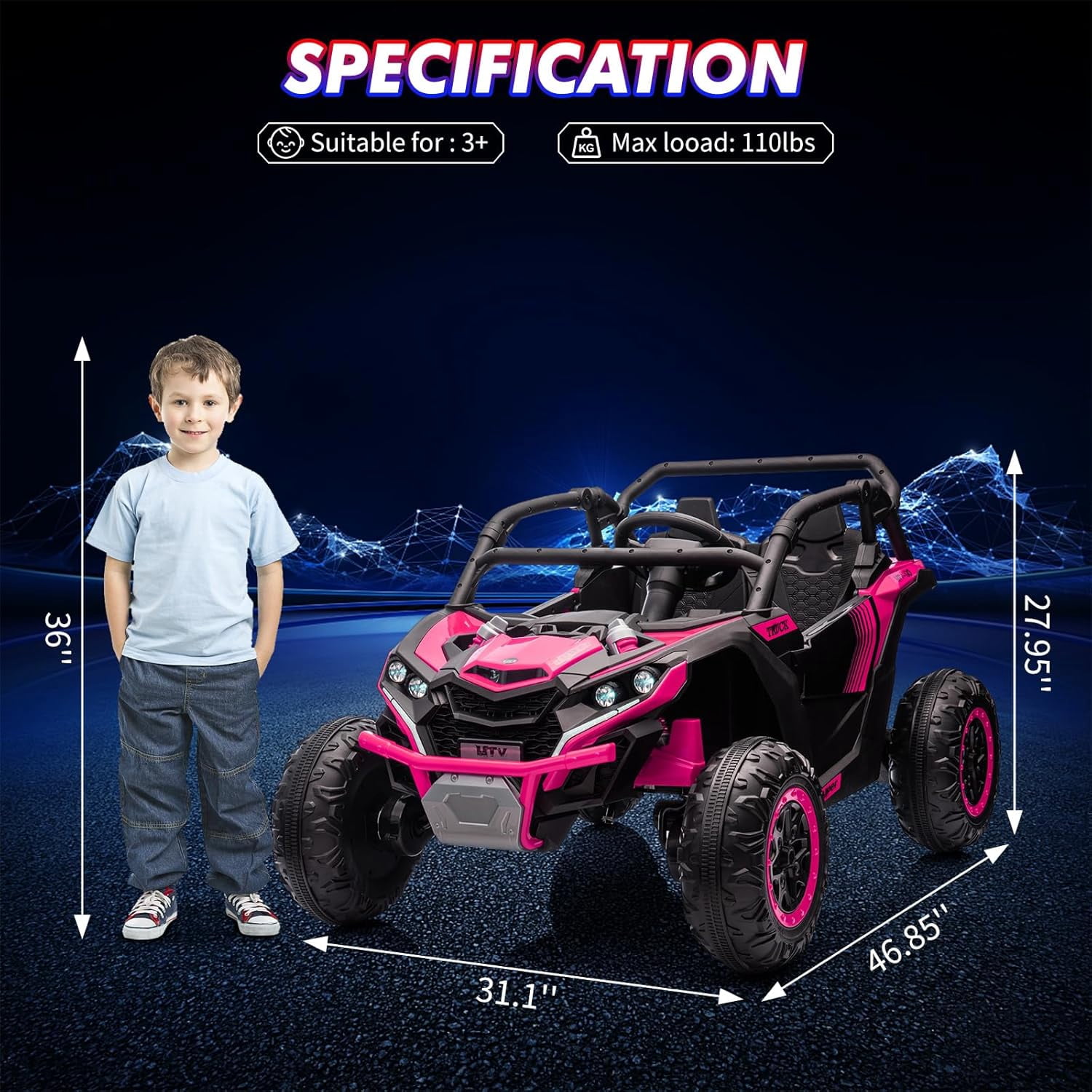 2 Seater Ride On Car for Kids, 24V 4WD Electric Utv with Remote Control, Battery Powered Electric Off-Road Utv Toy with Led Lights and Music for Boys Girls 3+