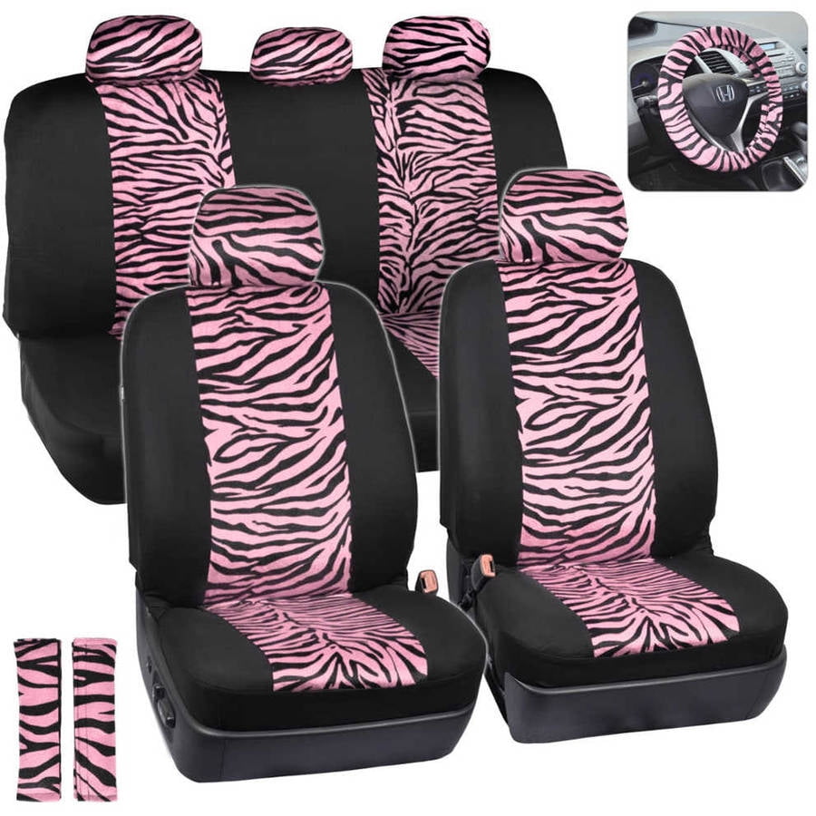 BDK Zebra Print Car Seat Covers Two Tone Zebra Accent on Black, 9pc