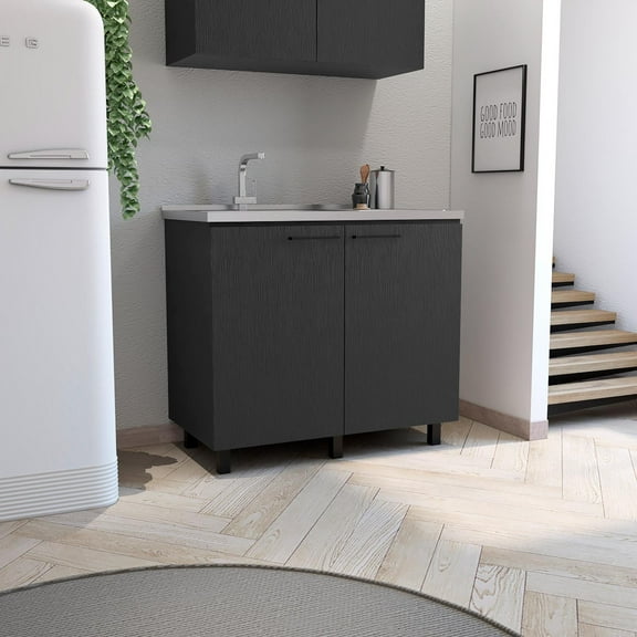 Napoles 2 Utility Sink with Cabinet, Stainless Steel Countertop, Interior Shelf Black