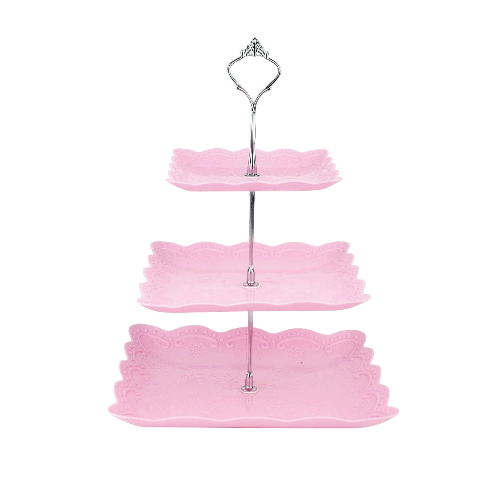 Efavormart 13" | 3 Tier Floral Print Cupcake Stand, Pink Square Dessert Tray Display Holder with Wavy Edges - Plastic