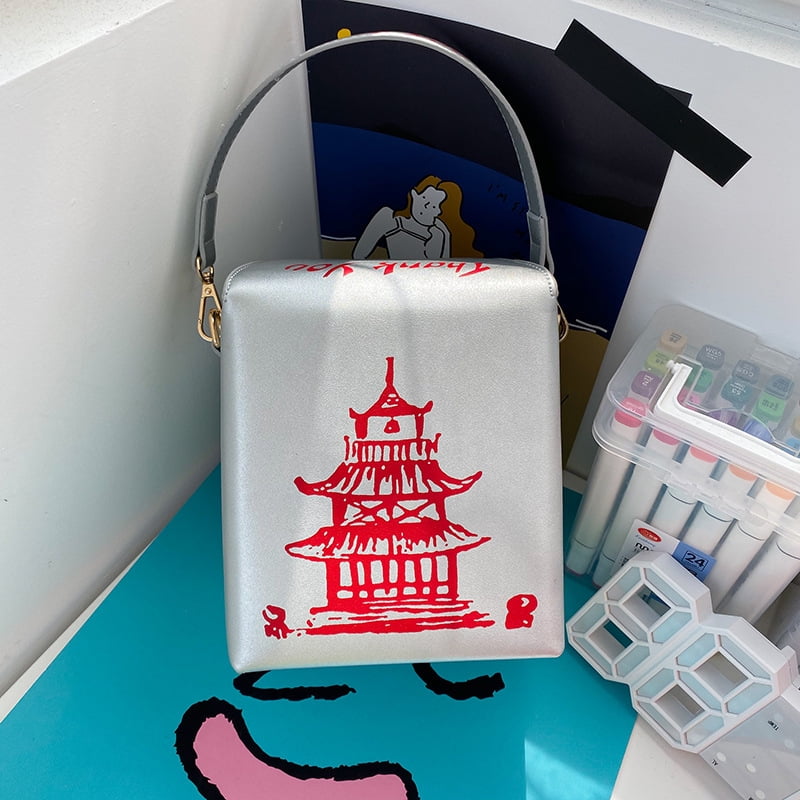 Baguery Tower Print Crossbody Bag - PU Chinese Takeout Box Tote Purse for Women (5.91×5.31×7.09in)​