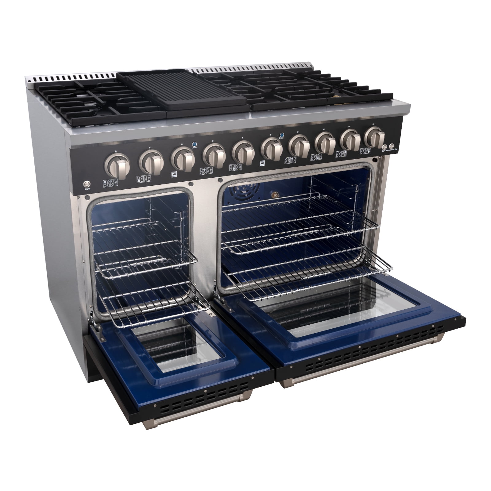 Akicon 48" Slide-in Freestanding Professional Style Gas Range with 6.7 Cu. Ft. Oven, 8 Burners, Convection Fan, Cast Iron Grates. Matte Black & Stainless Steel