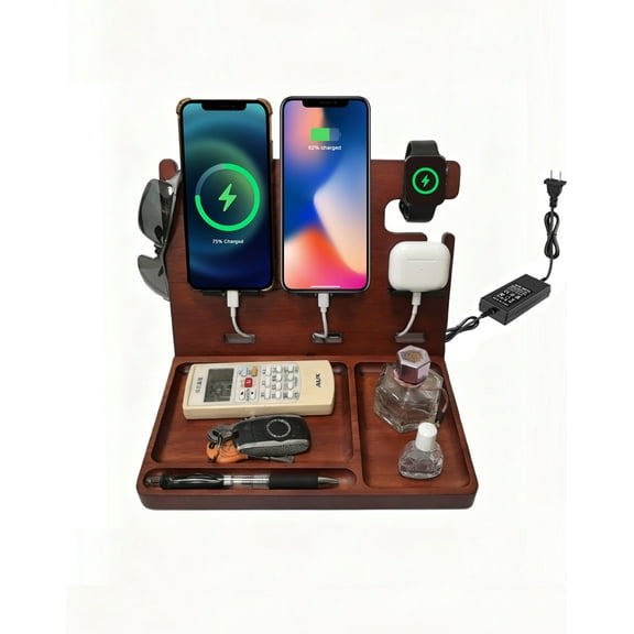 Nightstand Organizer Built-in Type C Charger Fast Charging,2 USB C & 2 USB A Charging Station for Multiple Devices Apple Samsung Google, Wood Phone Stand for Desk,Anniversary Birthday Gifts For