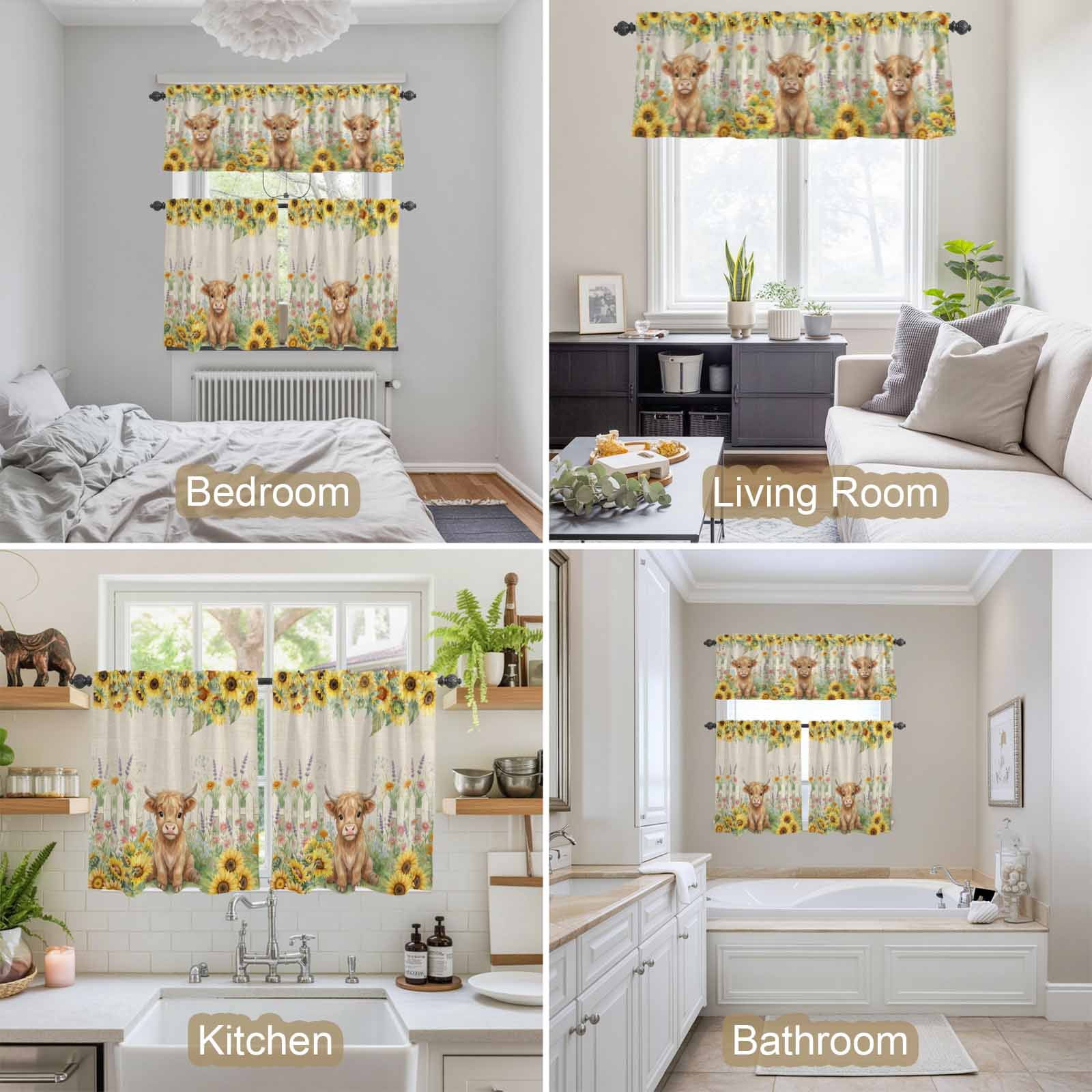 Farm Highland Cattle Kitchen Curtains Valance and Tier Set Farmhouse Sunflower Cow Fence Linen Texture Rod Pocket Short Curtains for Small Window 3 Pieces Set for Bedroom Cafe (54" x 18"+27" x 24")