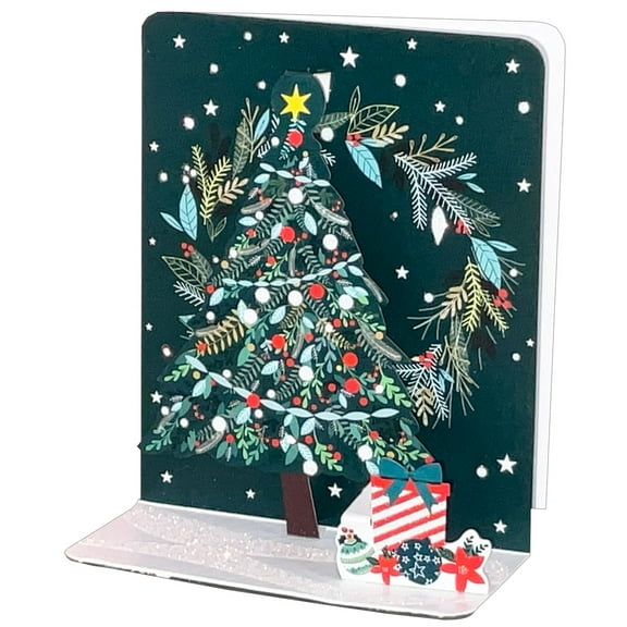 Pictura Decorated Evergreen Tree, Dark Star Filled Sky 4 3/4 Inches Tall 3D Pop-Up Christmas Card
