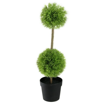 1.33' Potted Two-Tone Grass Ball Topiary Artificial Grass Double Ball Topiary Christmas Tree - Unlit