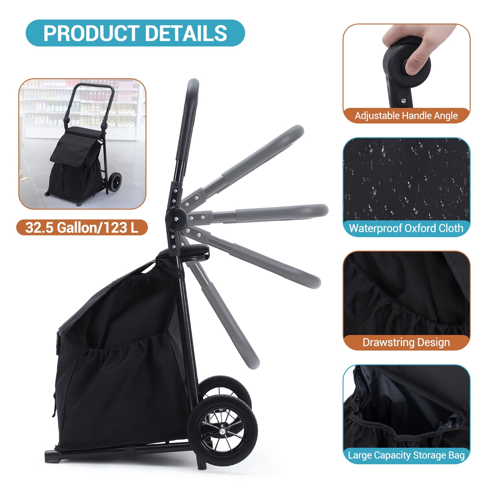 2-in-1 Collapsible Grocery & Utility Cart, 32.5 Gal Removable Waterproof Bag, Heavy-Duty Rolling Hand Truck, Cushioned Seat, Adjustable Non-Slip Handle,  for Seniors, Laundry, Market, Travel