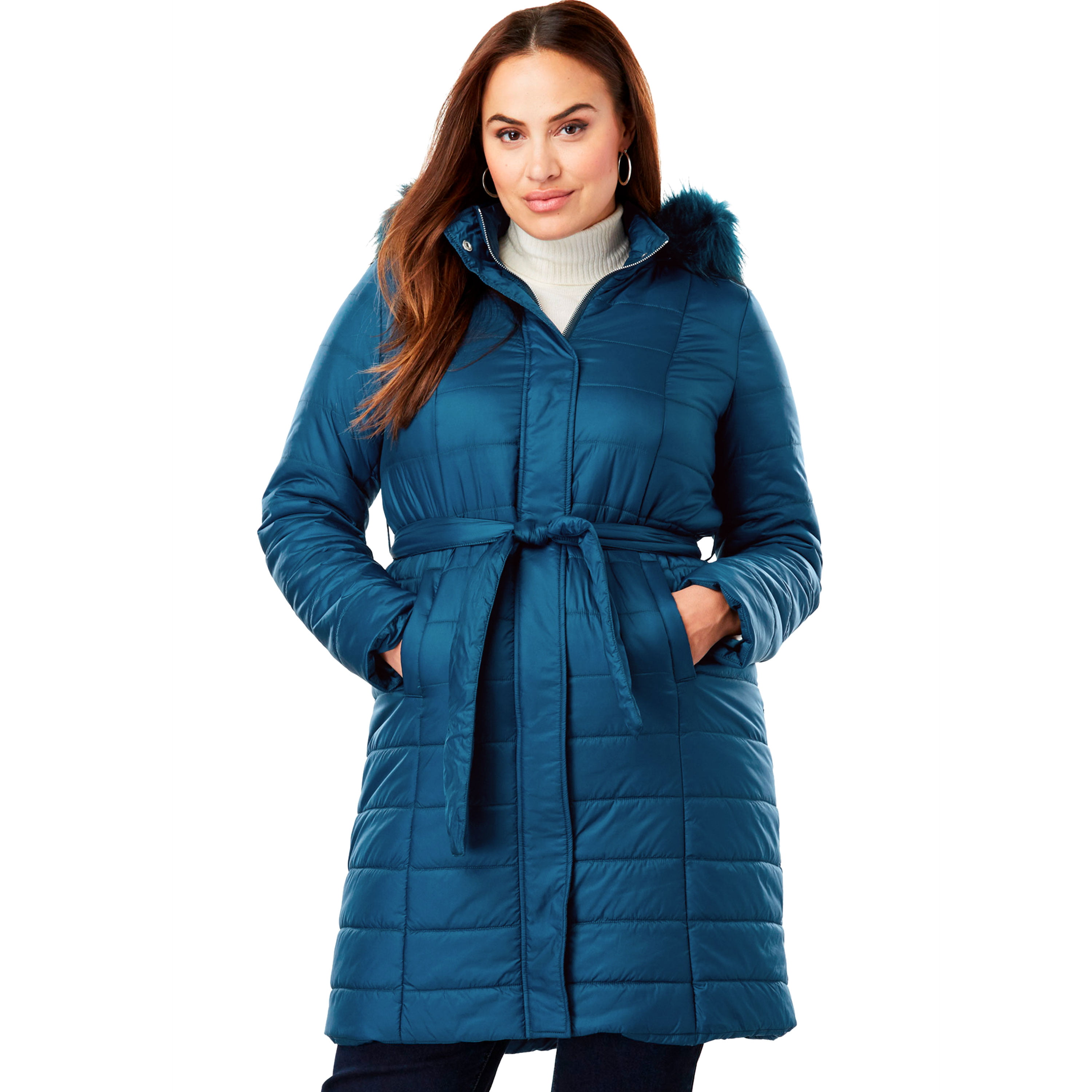 London Women's Plus Size Belted Puffer Coat Winter - 16 W, Twilight Teal Blue - Walmart.com