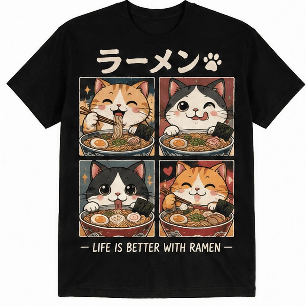Cat Ramen Japanese Funny Graphic Tees Kawaii Cat Anime Gifts T-Shirt