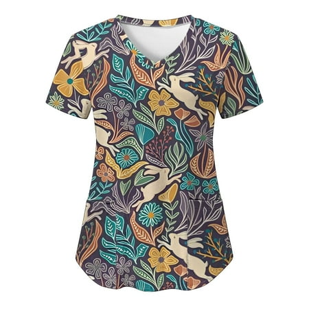 

Women Scrubs Top Working Uniform Nurses Clothing Workwear Casual Easter Bunny Printed Short Sleeve Pocket Loose Top V-Neck