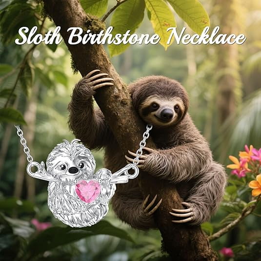 SISGEM Sloth Necklace 925 Sterling Silver Cute Sloth Pendant with Heart Birthstone Jewelry for Women Christmas Gifts