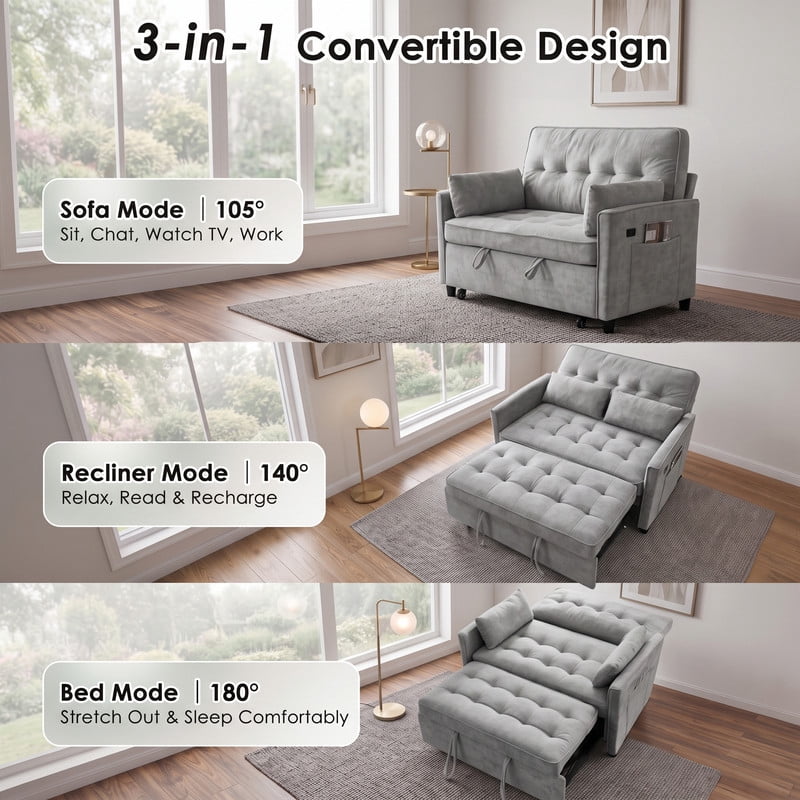Anpport 54" 3‑in‑1 Convertible Sofa Bed, Towel Fabric, 3‑Position Adjustable Backrest with USB Charging Ports, for Living Room, Apartment, Medium Gray