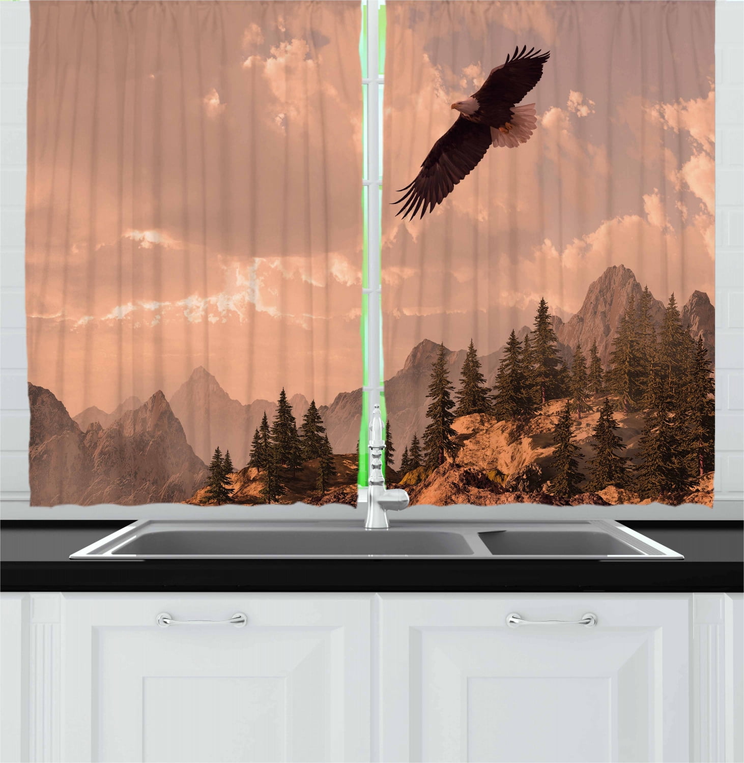 Eagle Curtains 2 Panels Set, Nature Photography of Rocky Mountains and Forest with a Bald Eagle Flying over It, Window Drapes for Living Room Bedroom, 55W X 39L Inches, Rose Green, by Ambesonne