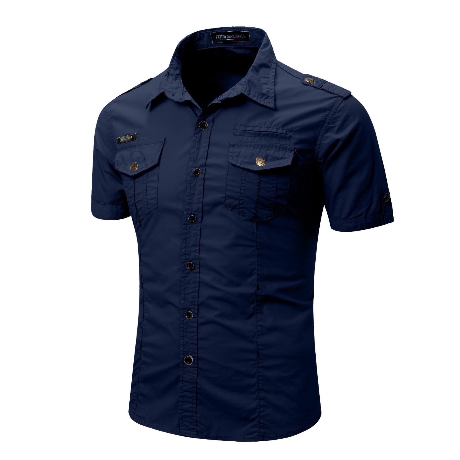 JXMVOJ Men's Workwear Short Sleeved Shirts, Casual Cotton Shirts, Lapel Collar Button-Down Shirts Military Style Shirt Summer Light Shirts Business Work Tops with Double Pockets