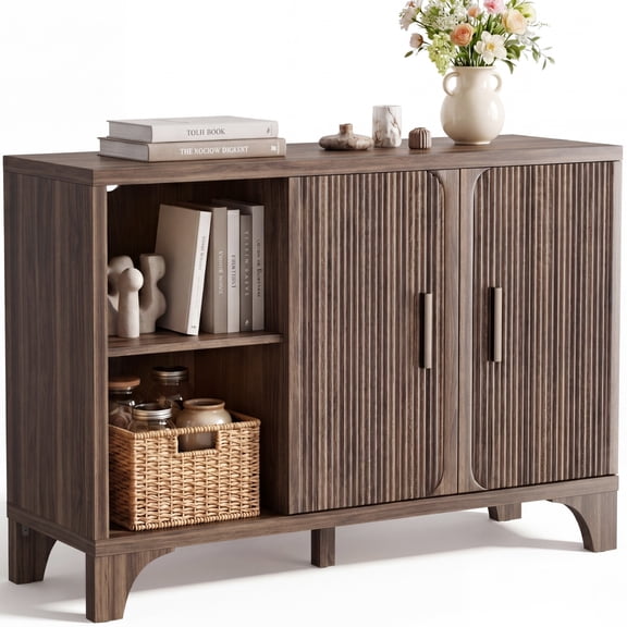 Furnibear 47" Fluted Buffet Cabinet with Storage Accent Sideboard,Modern Credenza with 2 Doors & Shelves,Wood Coffee Bar Table Console for Dining Room Kitchen Living Room Entryway,Walnut Brown