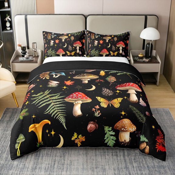 Erosebridal Botanical Mushroom 100% Cotton Comforter Cover Full,Animal Moth Bedding Full Size,Teens Bedroom Decor,Reversible,3-Piece(No Comforter)