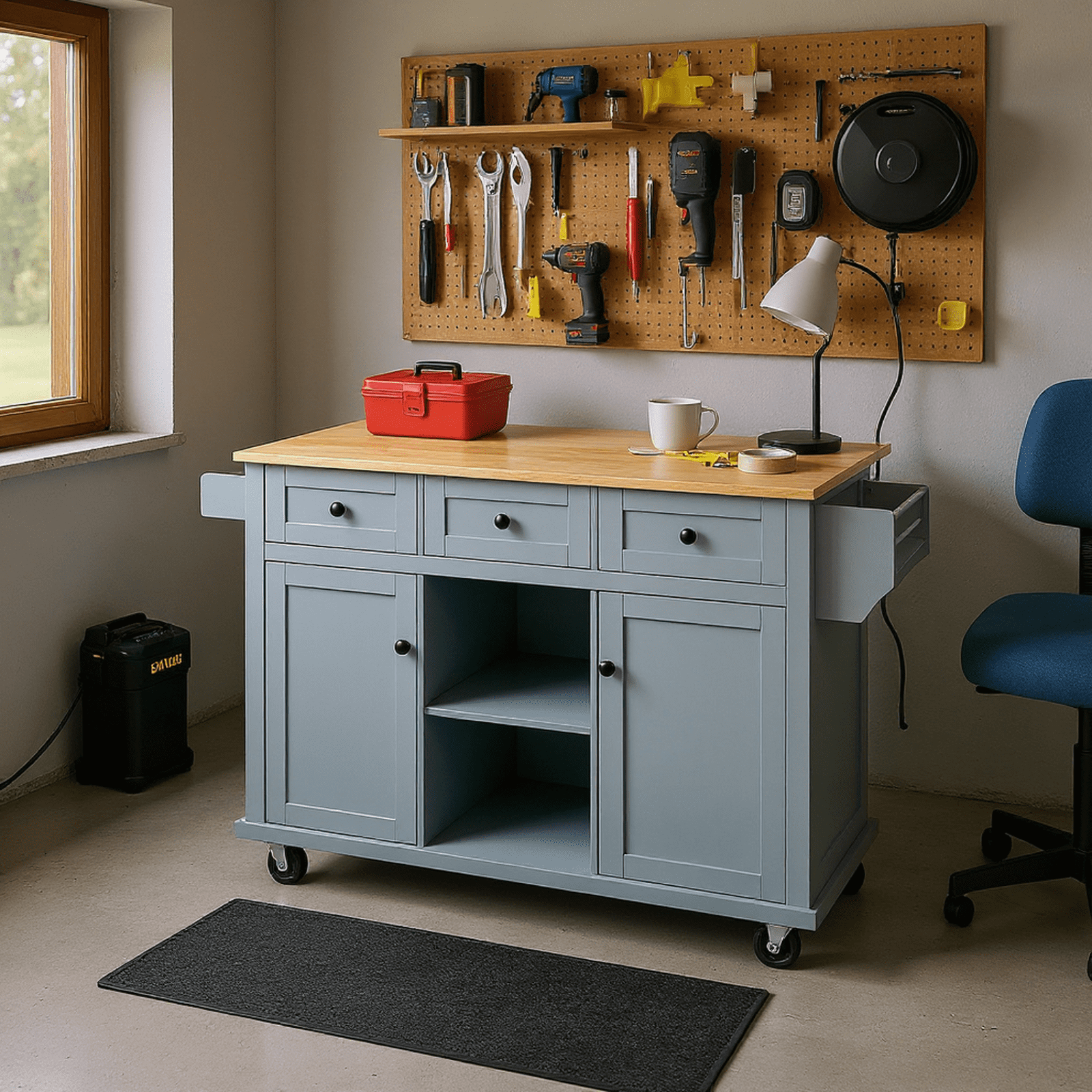 Homy Casa Rolling Garage Storage Cabinet with Drop-Leaf Worktop, Adjustable Shelves, Blue