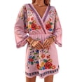 thumbnail image 3 of Women'S V-Neck Floral Print Bell Sleeve Elastic Waist Dress Casual Mini Dress Pink S, 3 of 9