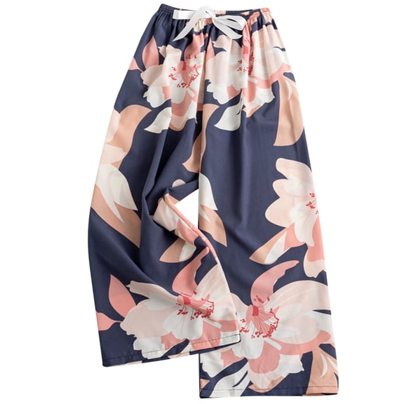 FAZVAOO Womens Pajama Pants,Floral Printed Elastic Waist Wide Leg Ankle Sleep Pants,27"Inseam