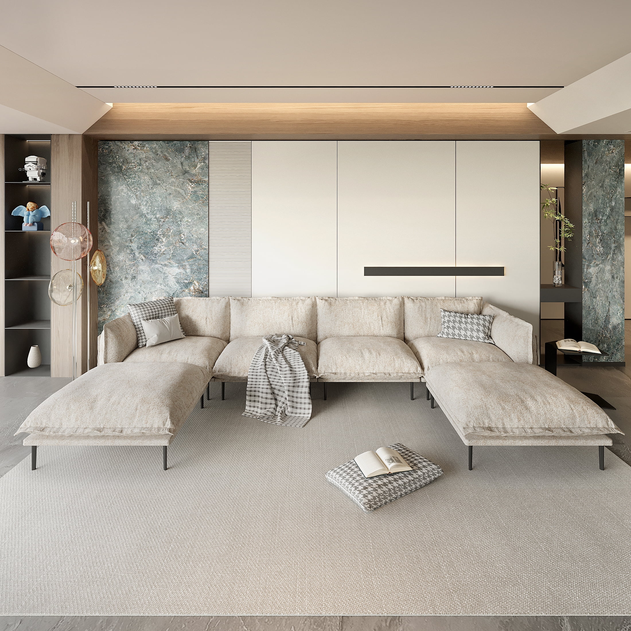 Magic Home Sectional Sofa with High Sofa Legs L-Shaped Couch Sofa Velvet Brown Couches 6 Seat Sofa U-shaped Sectional Couch, Living Room Furniture Set for Home Apartment Office Studio