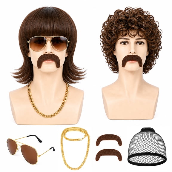 sixwipe 7 Pack 70s 80s Disco Wig Set, Short Brown Mens Mullet Wig, Kinky Curly/Straight Wigs with Mustache Glasses and Chain, Funny Costume Wigs for Rocker Hippies Halloween Cosplay Party