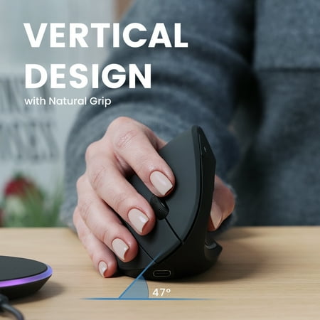 Perixx PERIMICE-713RX Wireless Rechargeable Vertical Mouse - Duo Wired and Wireless Charging Feature - Wireless Charging Pad Included - 6 Buttons Design - Black - Right-Handed Design